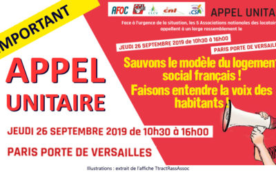 Congrès HLM : Inscrivez vous pour visiter le stand CLCV et mobilisez vous pour la manifestation des 5 associations de locataires du jeudi 26 septembre 2019, Paris Porte de Versailles. Et « signez la pétition pour protéger le logement social et les APL »