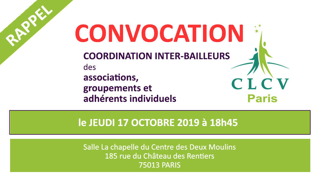 CONVOCATION (RAPPEL) – RÉUNION DE LA COORDINATION LOGEMENT INTER-BAILLEURS : le jeudi 17 octobre 2019 à 18h45